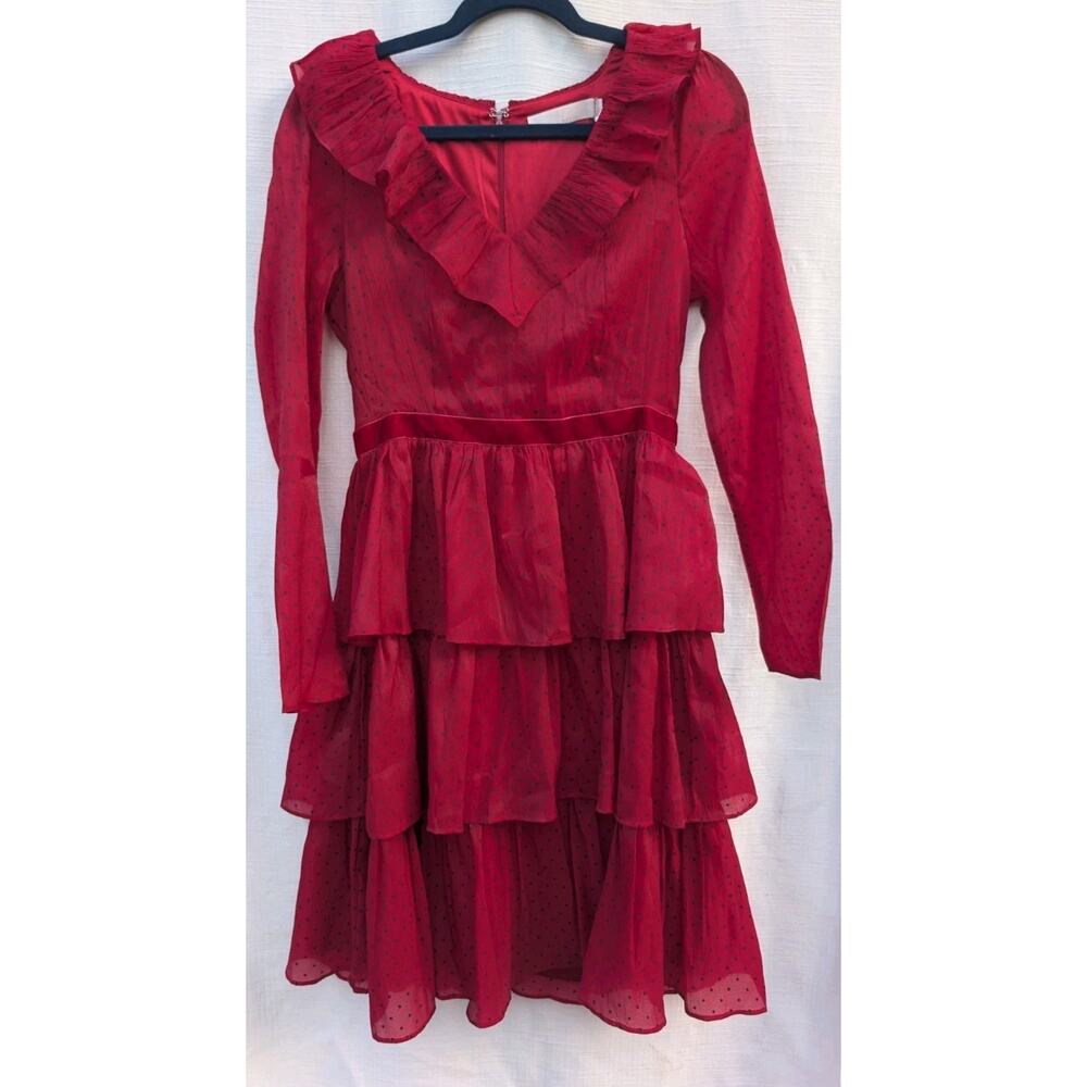 Rachel Parcell Womens Ruffle Tiered Midi Dress‎ Sz 6 Bergundy Polka Dot Romantic